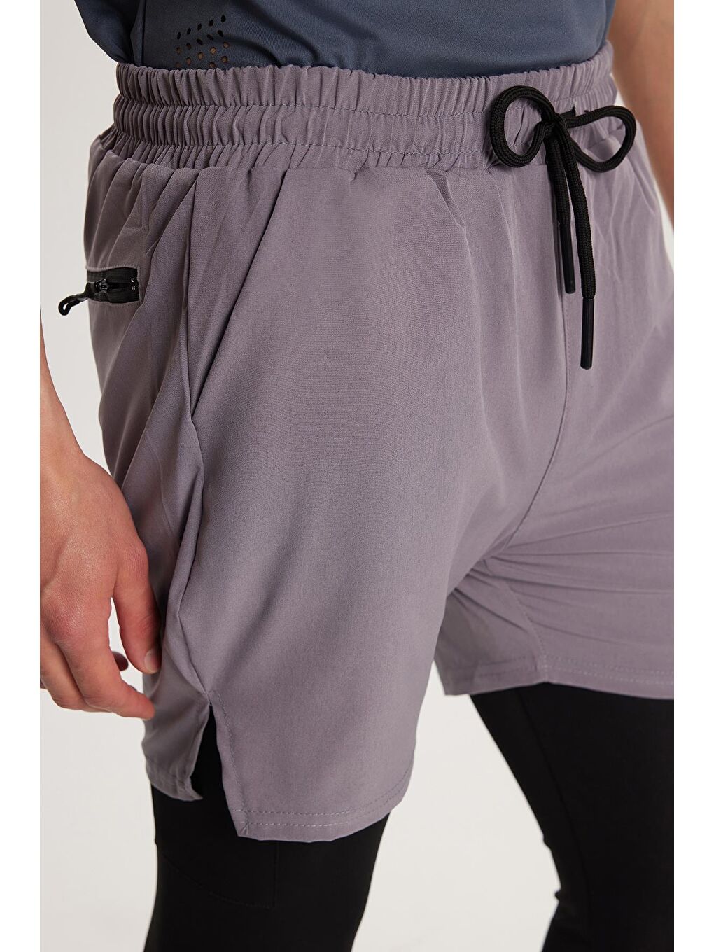 Erkek Standart Fit Beli Bağlamalı Lastikli Cepli Esnek Kumaş Gri Uzun Sporcu Tayt Şort-1