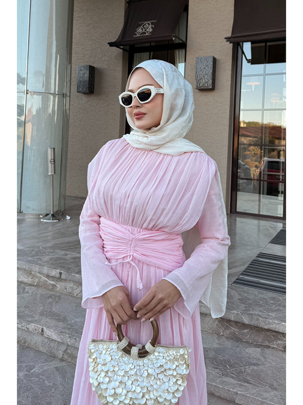 Kadın Pilise Bel Kuşaklı Tül Detay Elbise Pembe-2