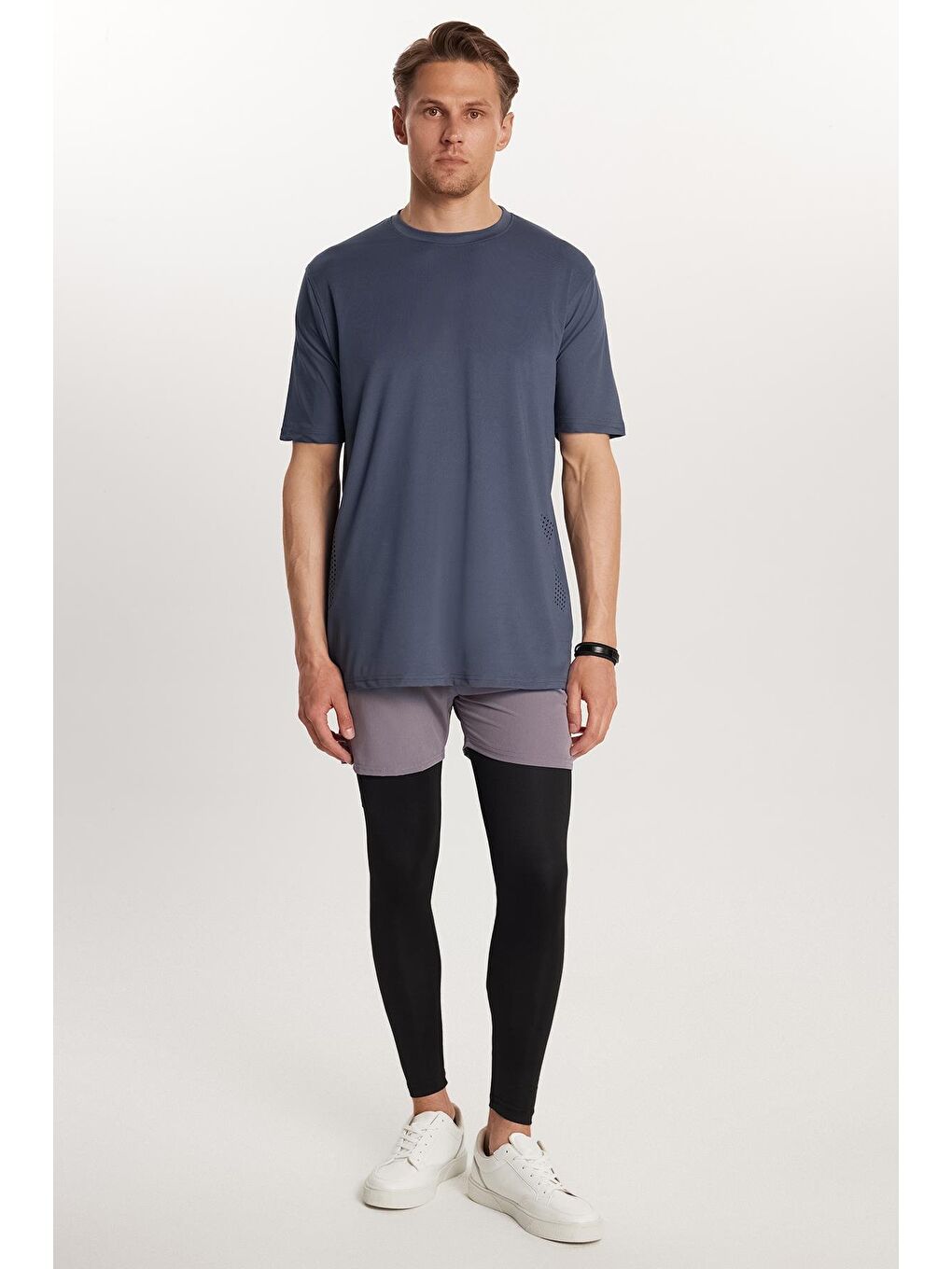 Erkek Standart Fit Beli Bağlamalı Lastikli Cepli Esnek Kumaş Gri Uzun Sporcu Tayt Şort-2