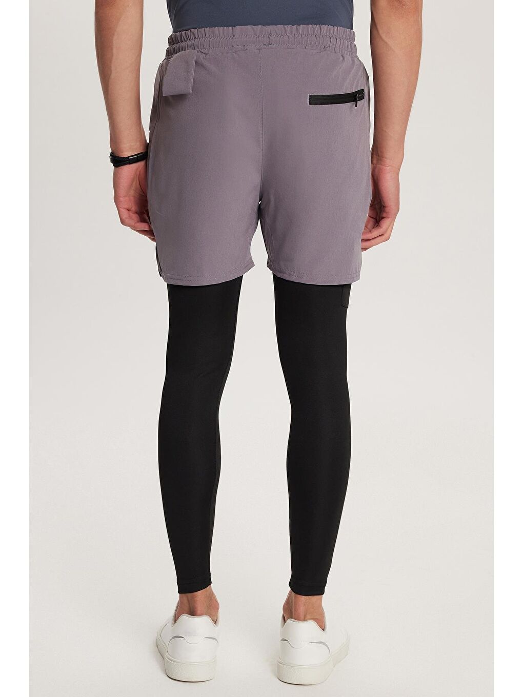 Erkek Standart Fit Beli Bağlamalı Lastikli Cepli Esnek Kumaş Gri Uzun Sporcu Tayt Şort-4