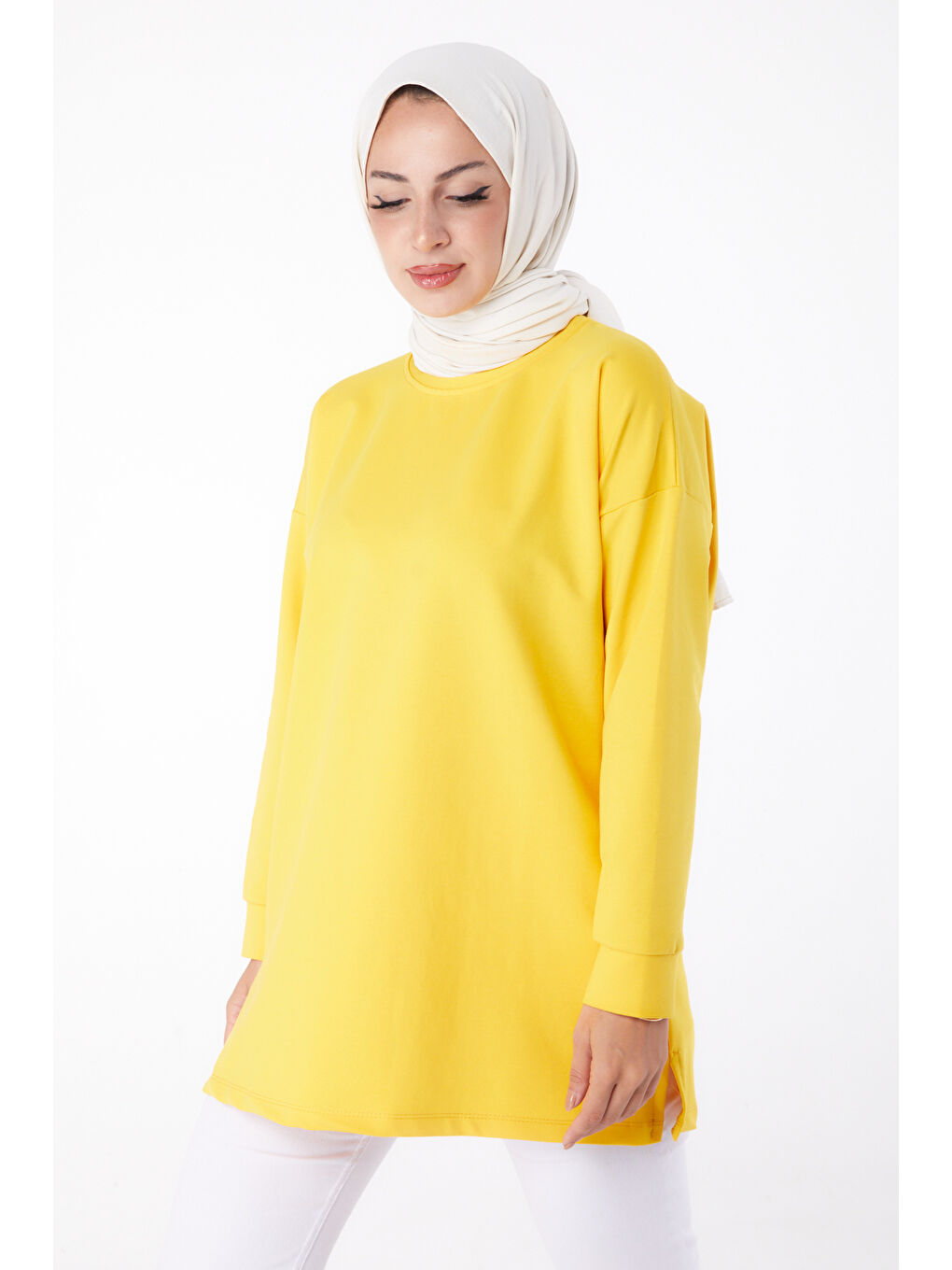 Bisiklet Yaka Kadın Sarı Baskılı Sweat - 26239-1