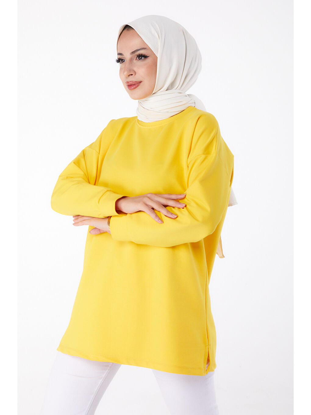 Bisiklet Yaka Kadın Sarı Baskılı Sweat - 26239-2