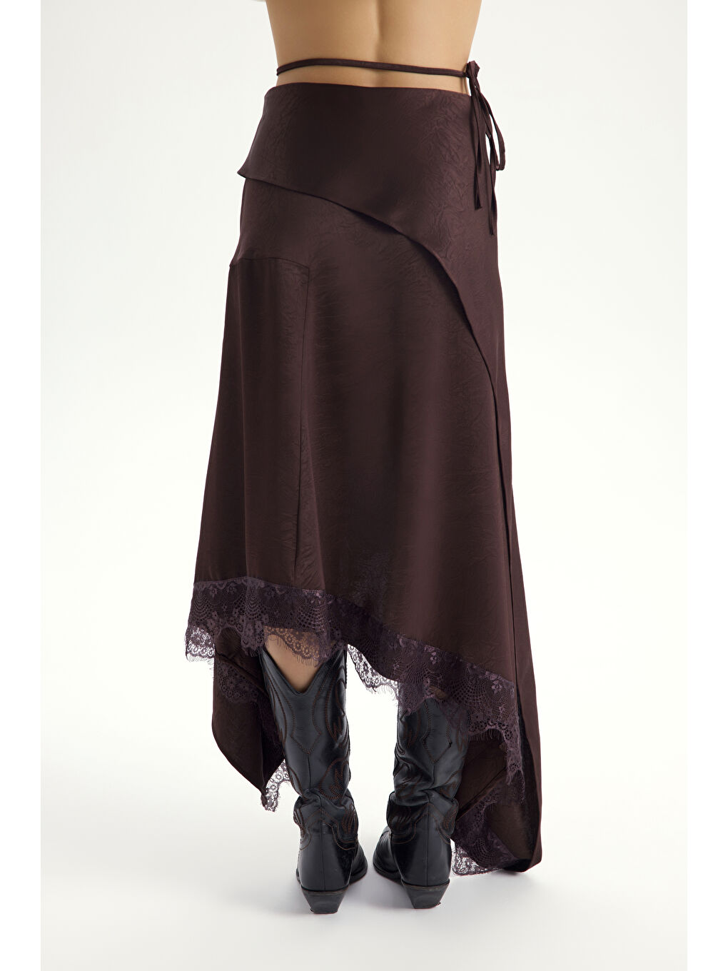 Kahverengi Morlina Dantel Detay Kahve Saten Etek-4