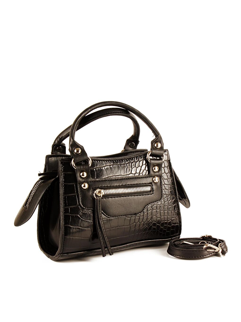 Siyah Kadın Timsah Desen Deri Görünümlü El ve Omuz Abiye Çanta (10765)