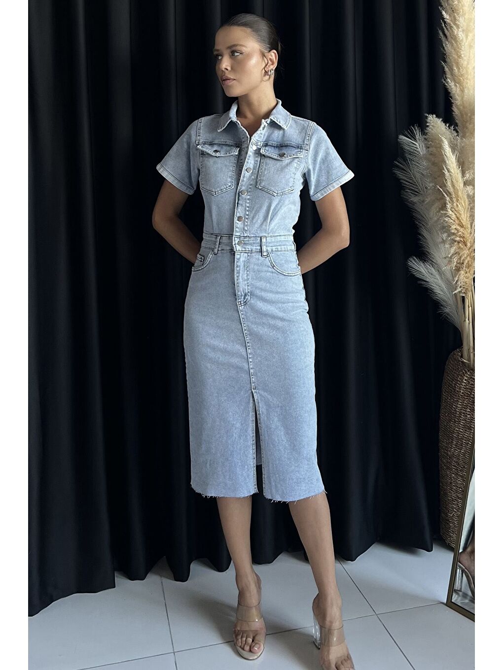 Mavi Kadın Polo Yaka Ön Çıtçıtlı Yırtmaç Detaylı Jean Jean Elbise-1