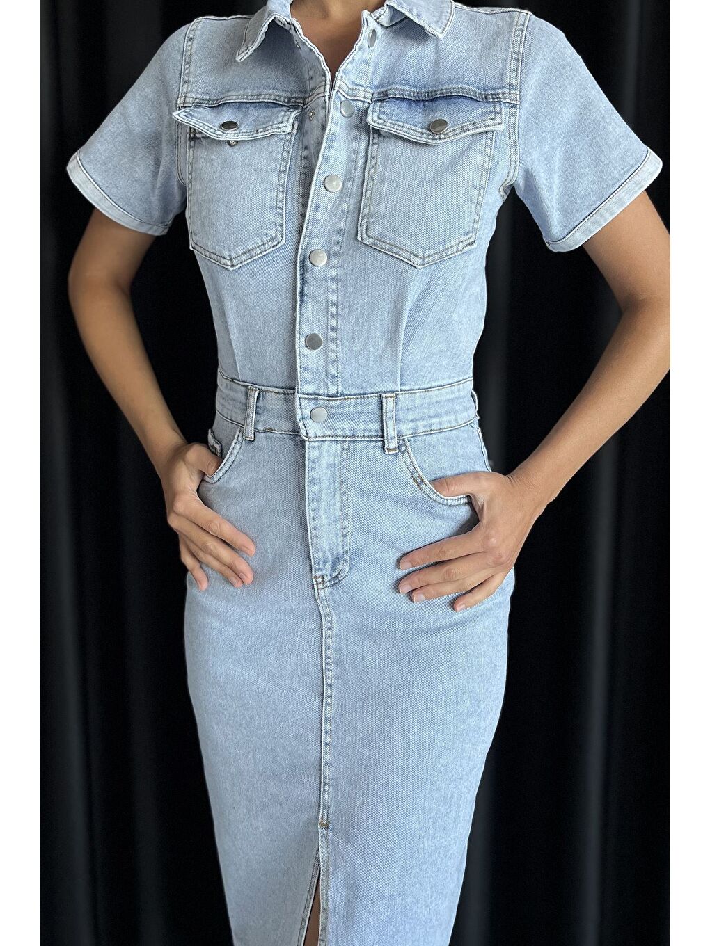 Mavi Kadın Polo Yaka Ön Çıtçıtlı Yırtmaç Detaylı Jean Jean Elbise-3