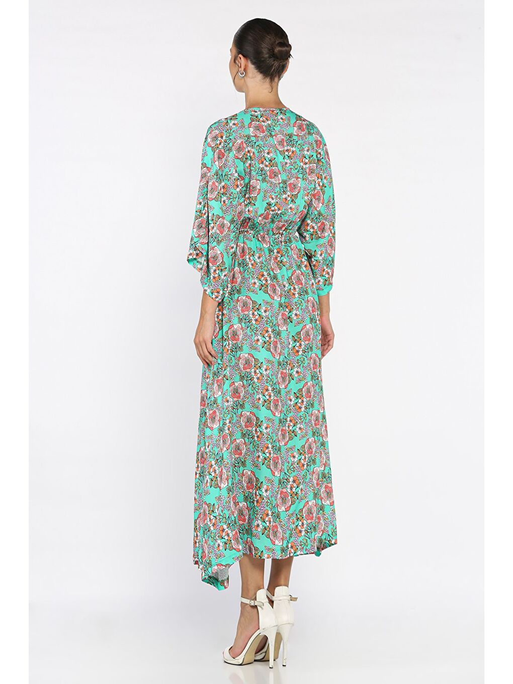 Yeşil Kadın Kruvaze Yaka Bel Lastikli Yırtmaçlı Desenli Viskon Elbise-2