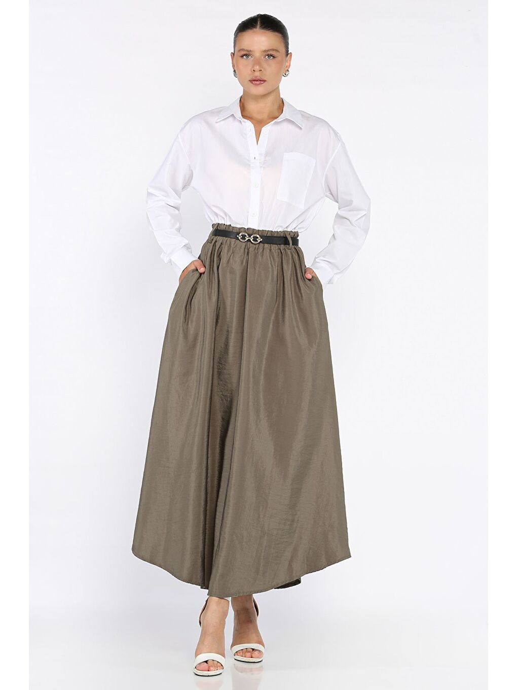 Haki Kadın Garnili Cep Detaylı Kemerli Elbise-1