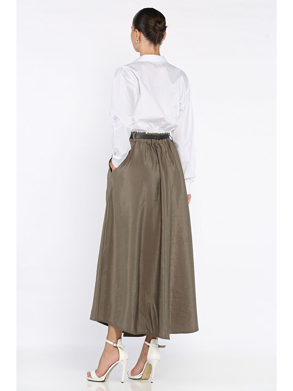 Haki Kadın Garnili Cep Detaylı Kemerli Elbise-2