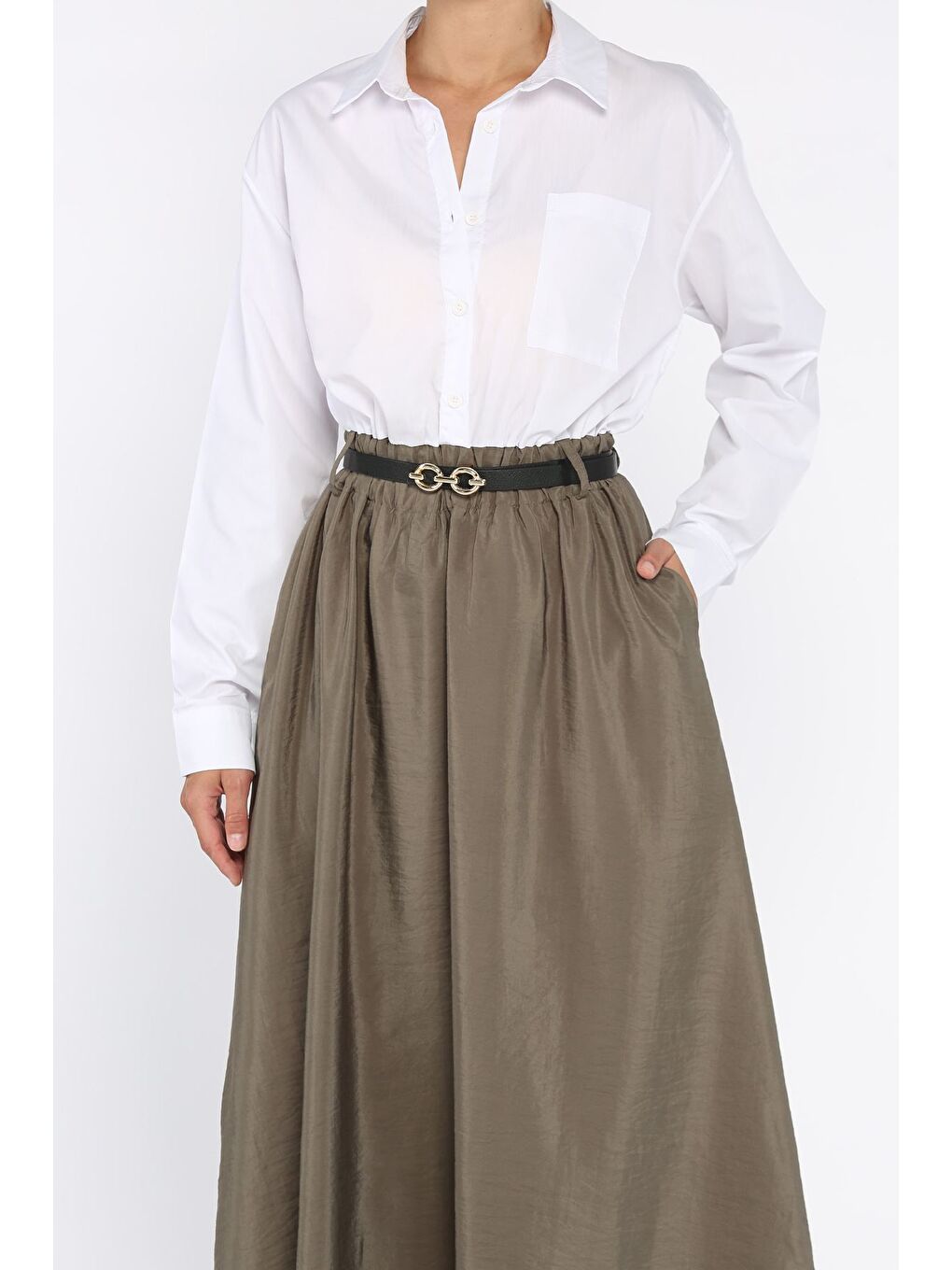 Haki Kadın Garnili Cep Detaylı Kemerli Elbise-3