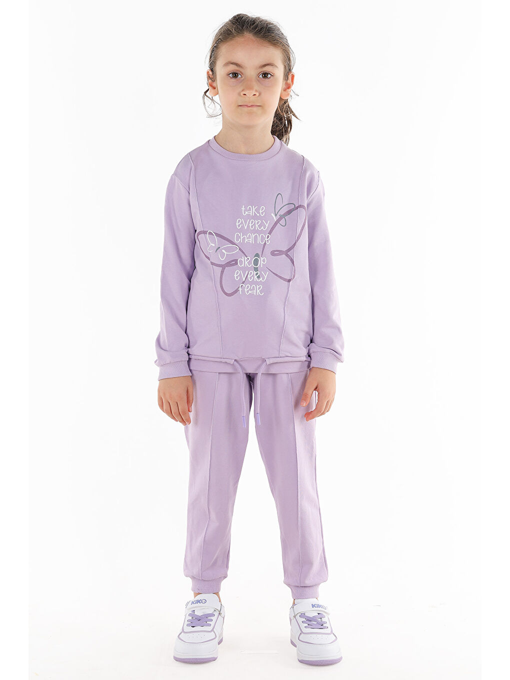 Lila Kelebek Baskılı Kız Çocuk Sweatshirt Eşofman 2'Li Takım