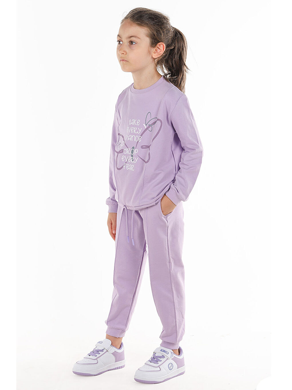 Lila Kelebek Baskılı Kız Çocuk Sweatshirt Eşofman 2'Li Takım-1