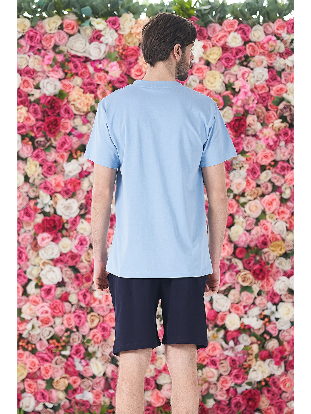 Erkek Şort Tişört %100 Pamuk Şortlu Pijama Takımı 25254 Mavi-1
