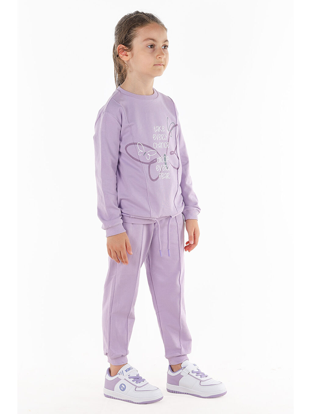 Lila Kelebek Baskılı Kız Çocuk Sweatshirt Eşofman 2'Li Takım-2