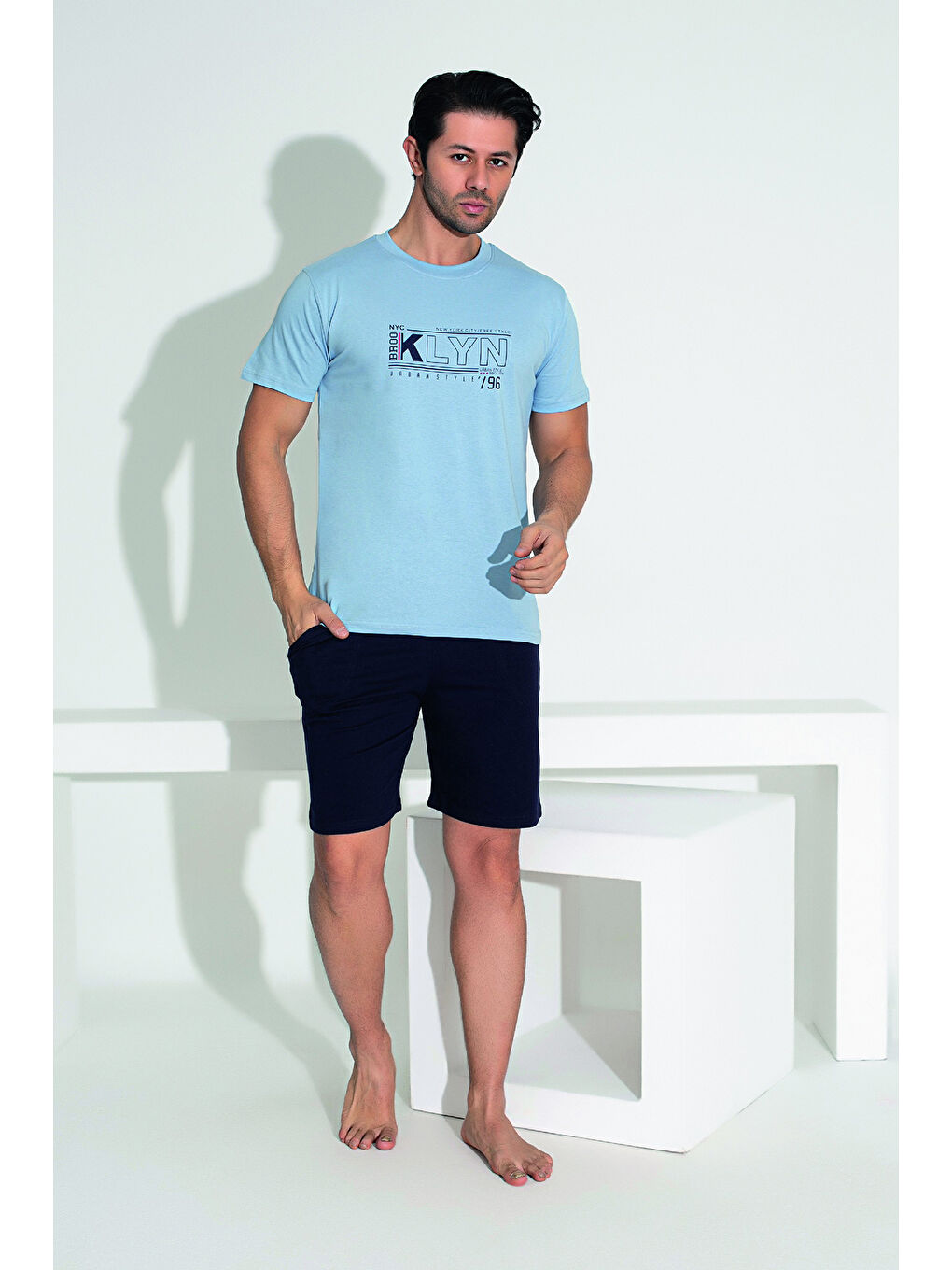 Erkek Şort Tişört %100 Pamuk Şortlu Pijama Takımı 25254 Mavi-2