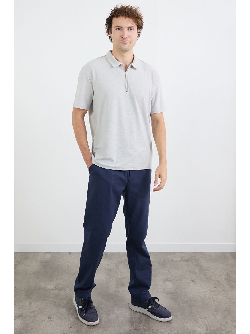 Lacivert Beli Bağlamalı Keten Görünümlü Duble Paça Pantolon