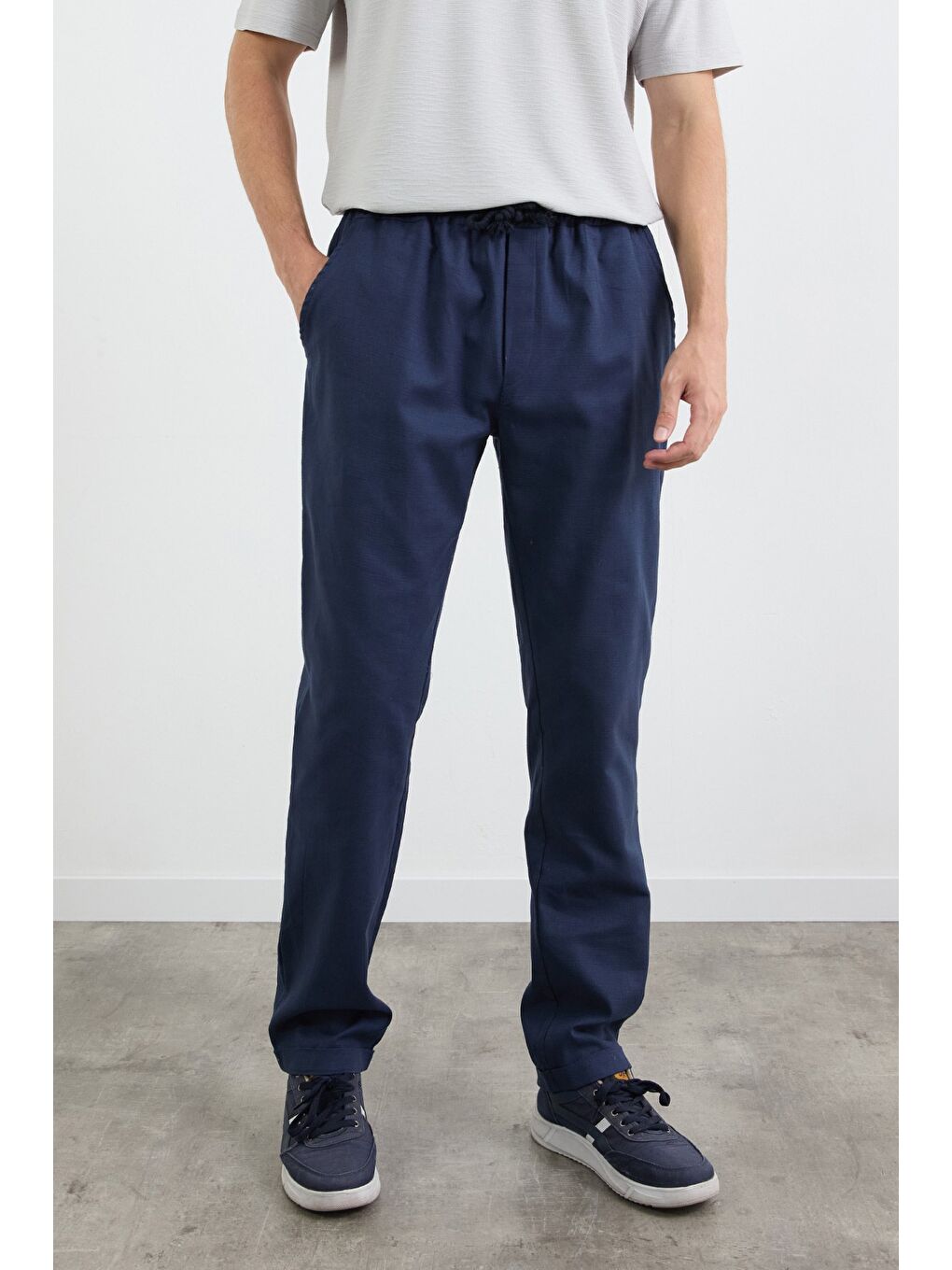 Lacivert Beli Bağlamalı Keten Görünümlü Duble Paça Pantolon-1