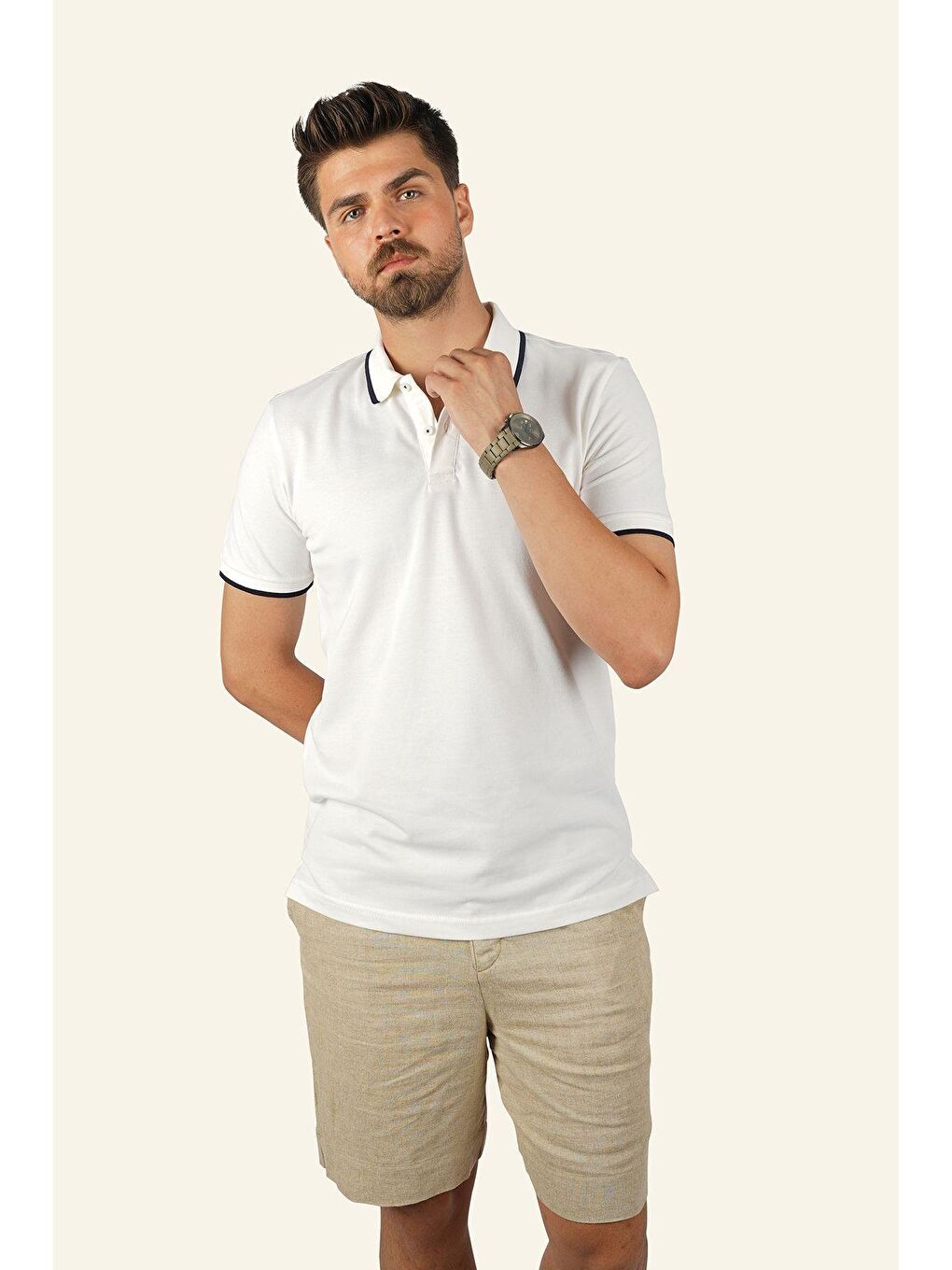 Beyaz Lacivert Yaka Çizgili Erkek Polo Yaka Tişört-2