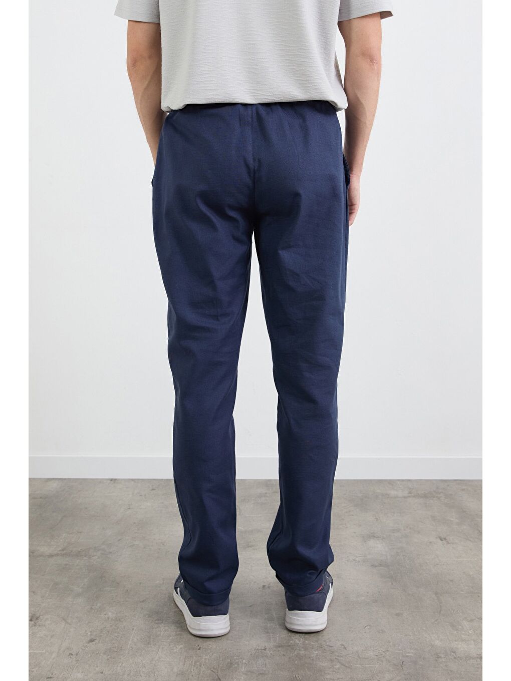 Lacivert Beli Bağlamalı Keten Görünümlü Duble Paça Pantolon-3