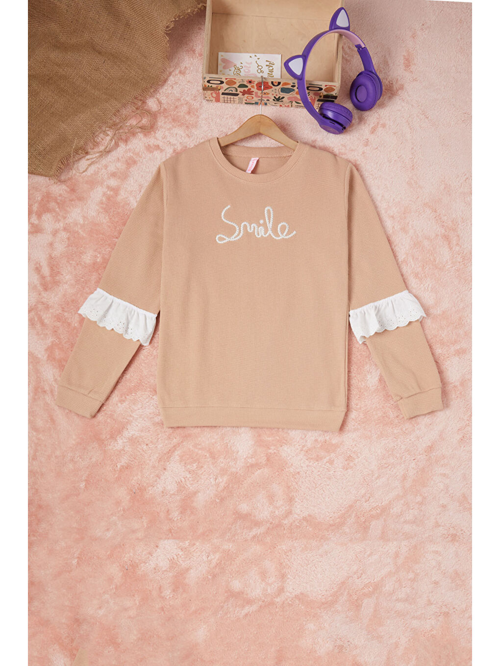 Pembe Life Kids Club Kahverengi Smile Nakışlı Kız Çocuk Waffle Sweatshirt 16591