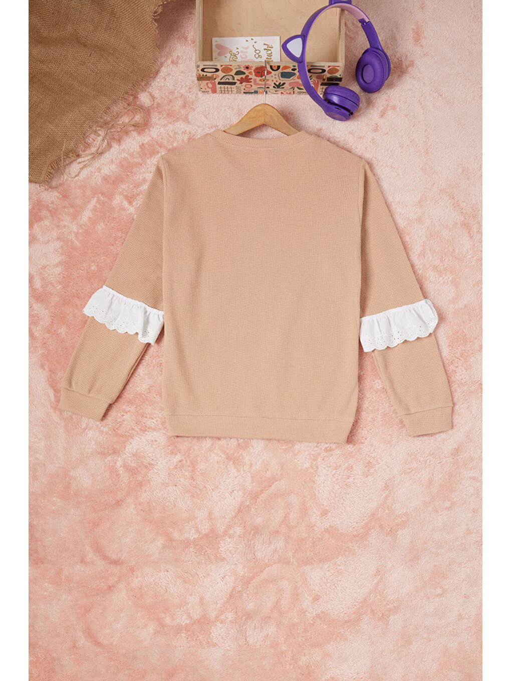 Pembe Life Kids Club Kahverengi Smile Nakışlı Kız Çocuk Waffle Sweatshirt 16591 - 4