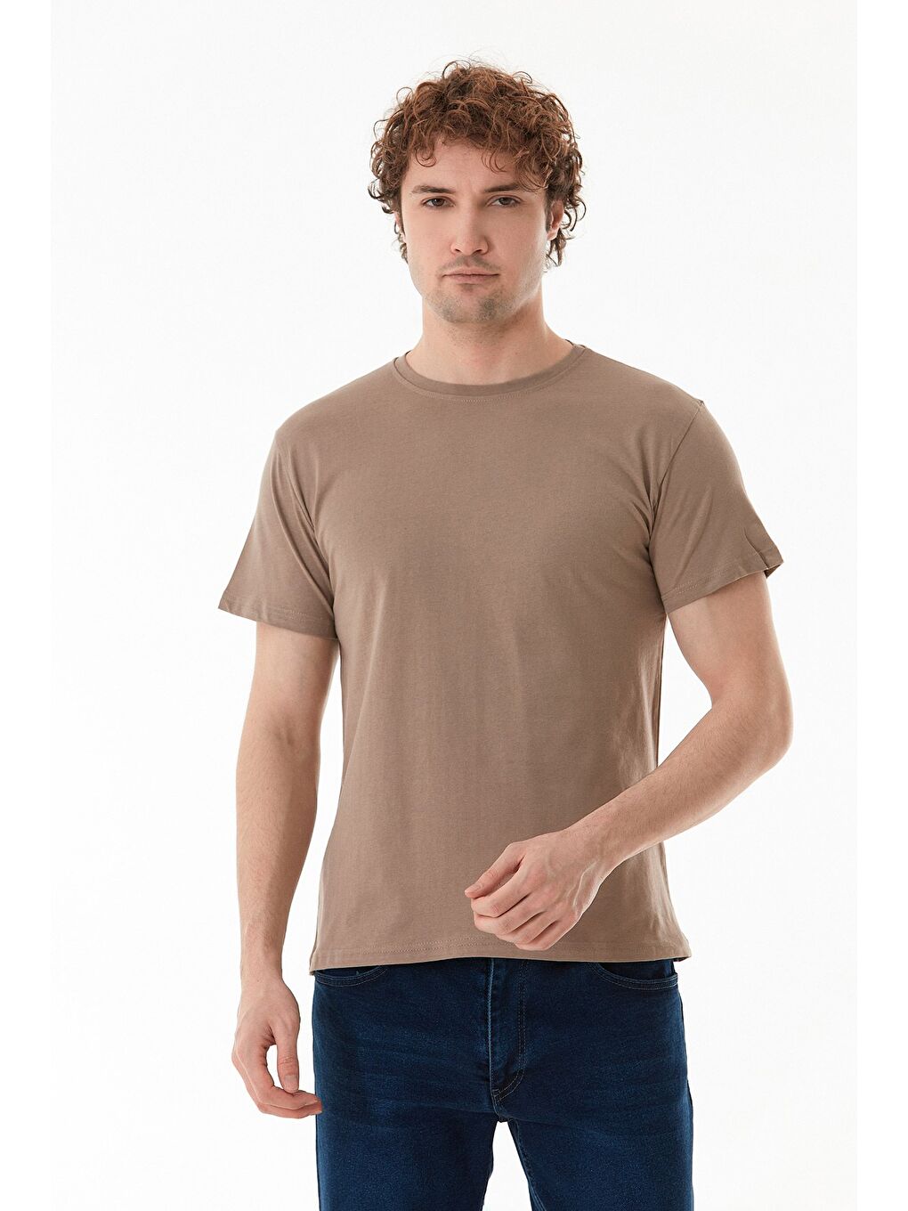 Bej Basic Bisiklet Yaka %100 Pamuk Tişört