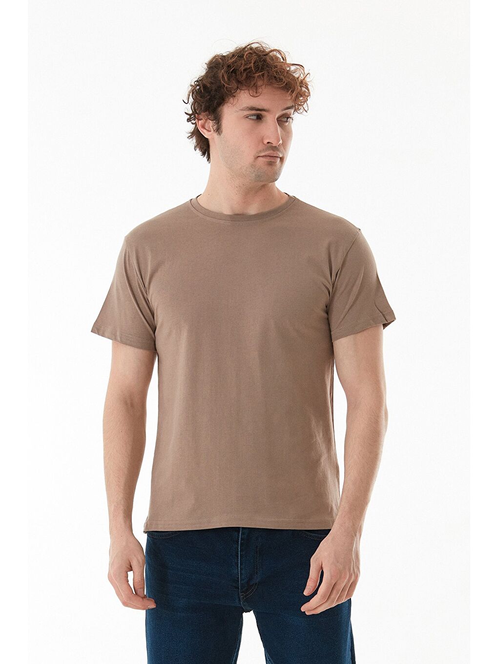 Bej Basic Bisiklet Yaka %100 Pamuk Tişört-1