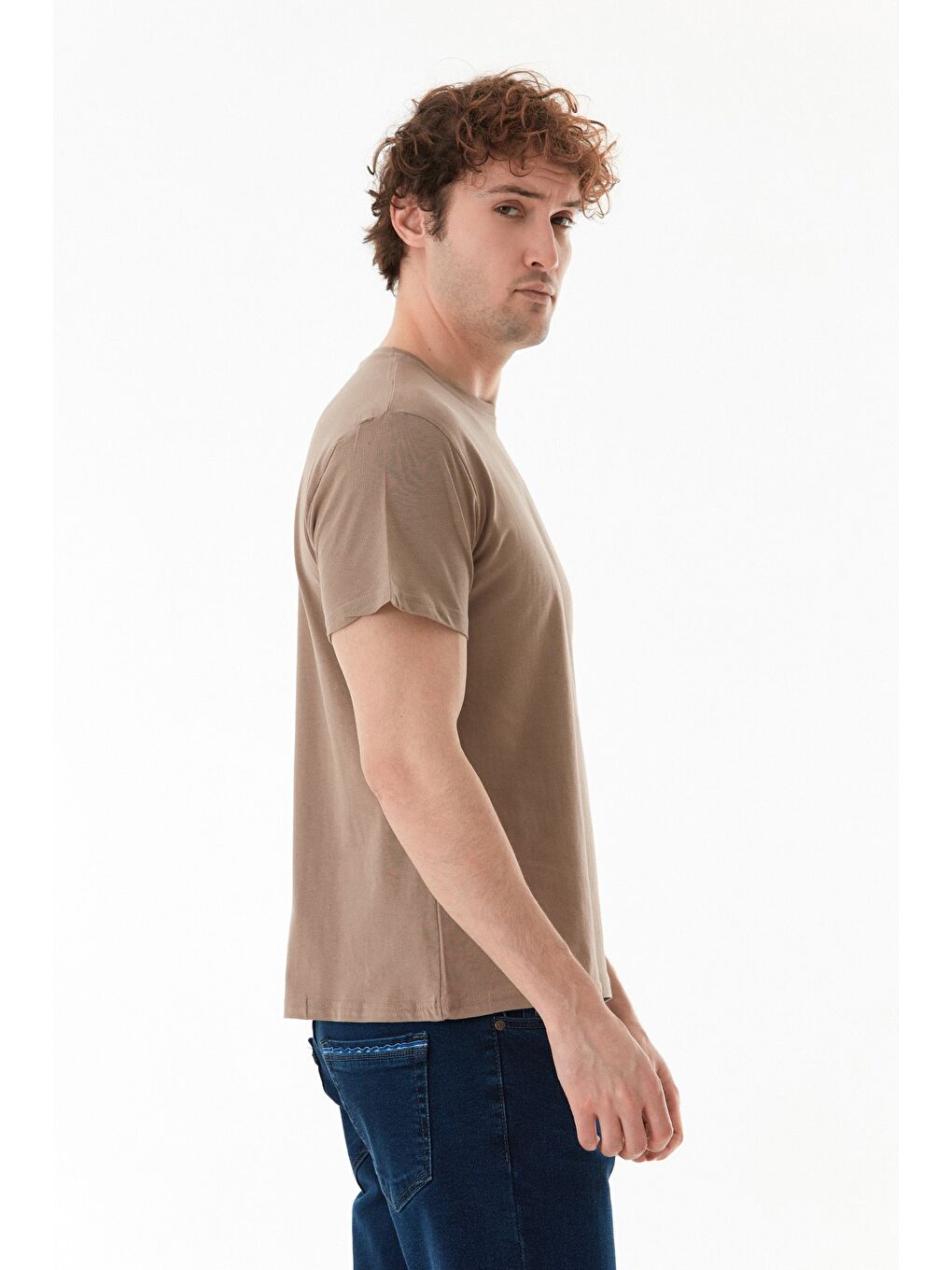 Bej Basic Bisiklet Yaka %100 Pamuk Tişört-2