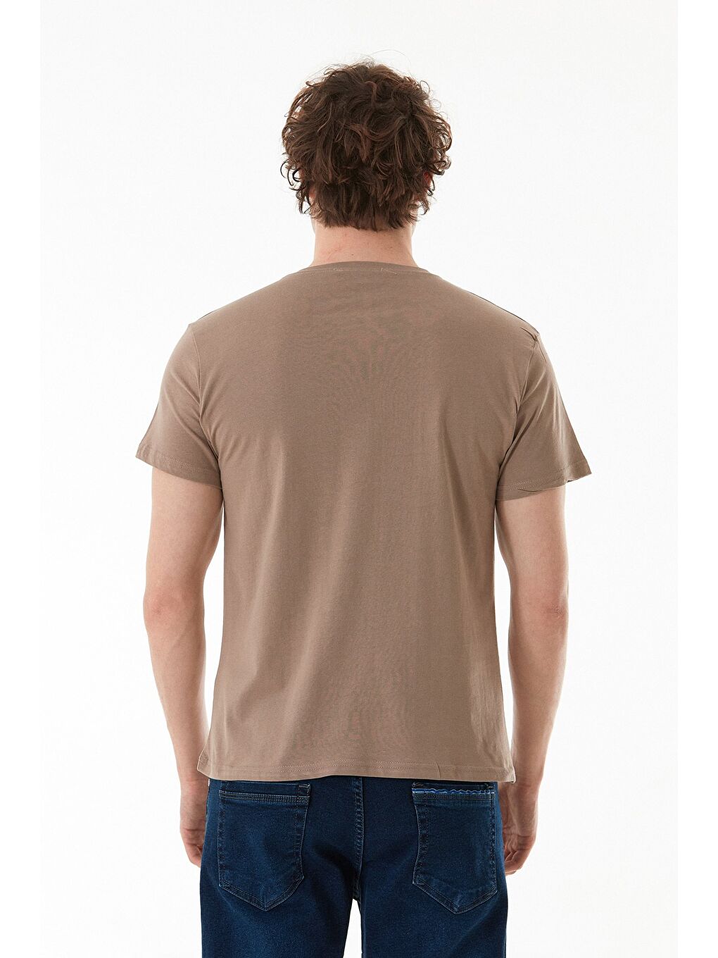 Bej Basic Bisiklet Yaka %100 Pamuk Tişört-3