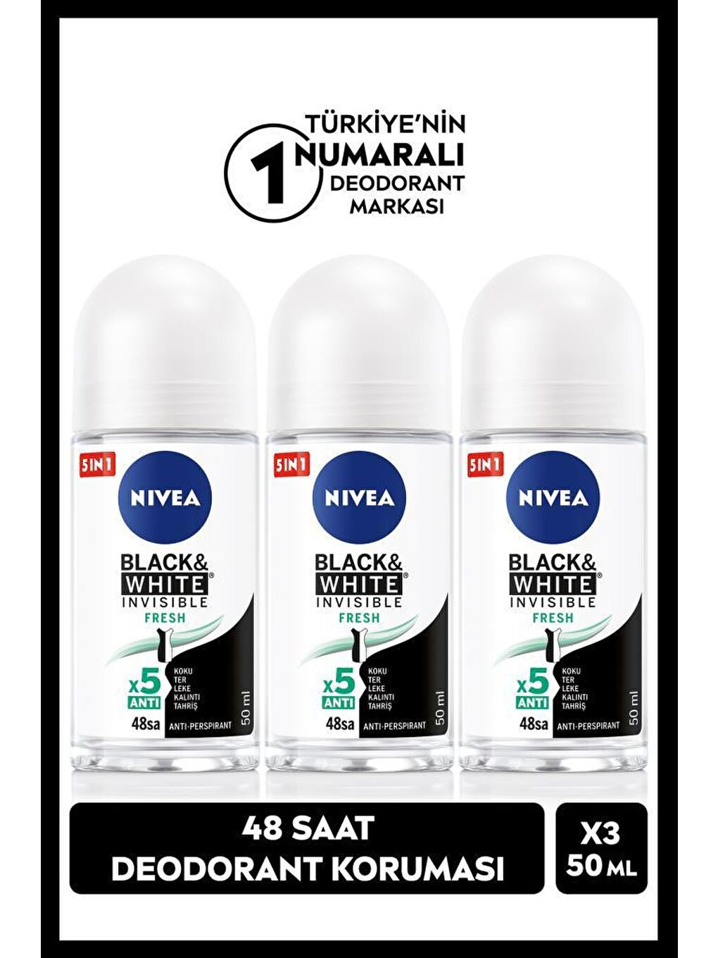 NIVEA Şeffaf Black&White Invisible Fresh Kadın Roll-on Deodorant 50mlX3 Adet, 48 Saat Koruma