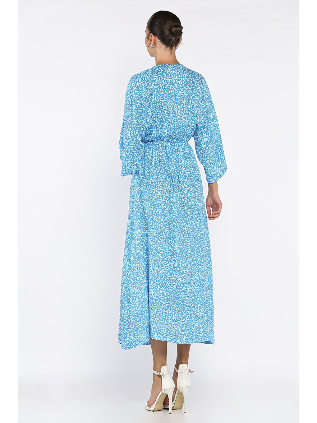 Mavi Kadın Kruvaze Yaka Bel Lastikli Yırtmaçlı Desenli Viskon Elbise-2