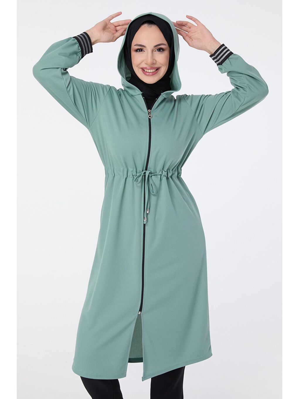 Kapüşonlu Yaka Kadın Yeşil Kap - 13050