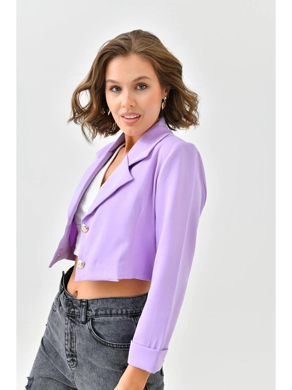 Kadın Lila Düğme Detay Crop Ceket-1
