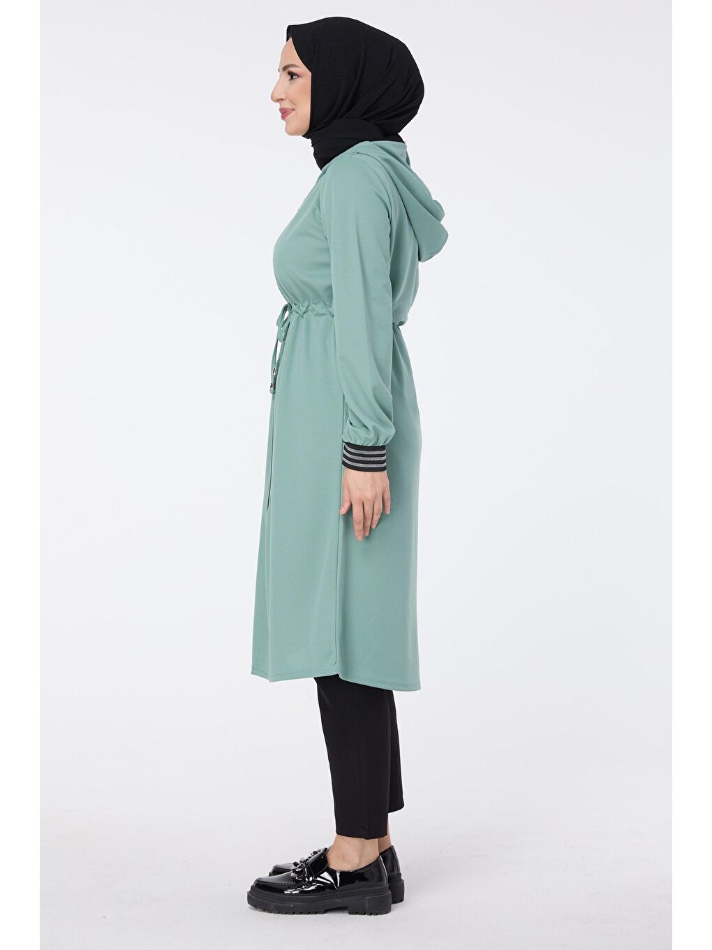 Kapüşonlu Yaka Kadın Yeşil Kap - 13050-2