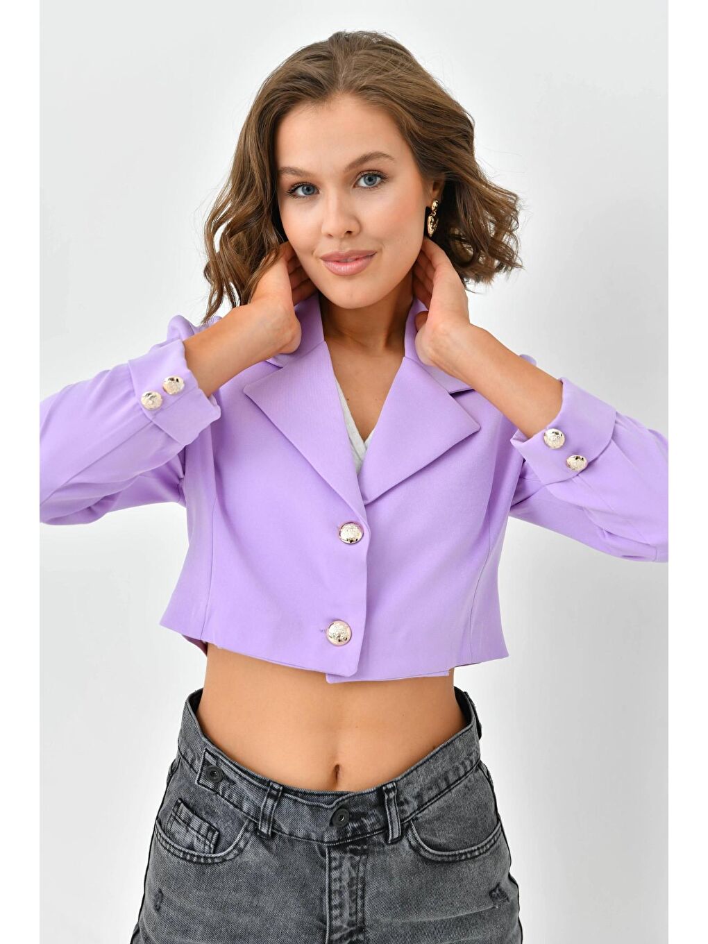 Kadın Lila Düğme Detay Crop Ceket-3