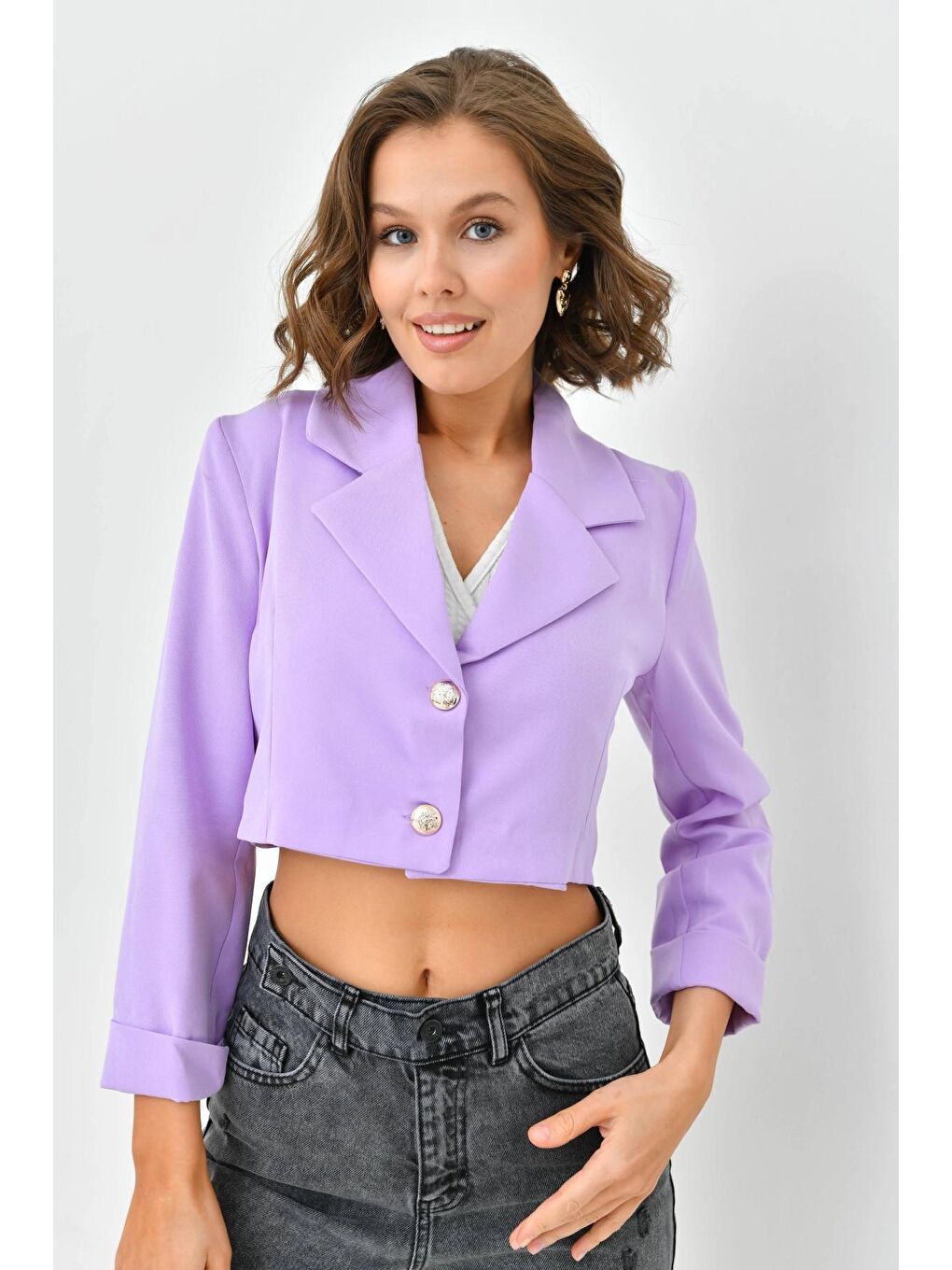 Kadın Lila Düğme Detay Crop Ceket-4