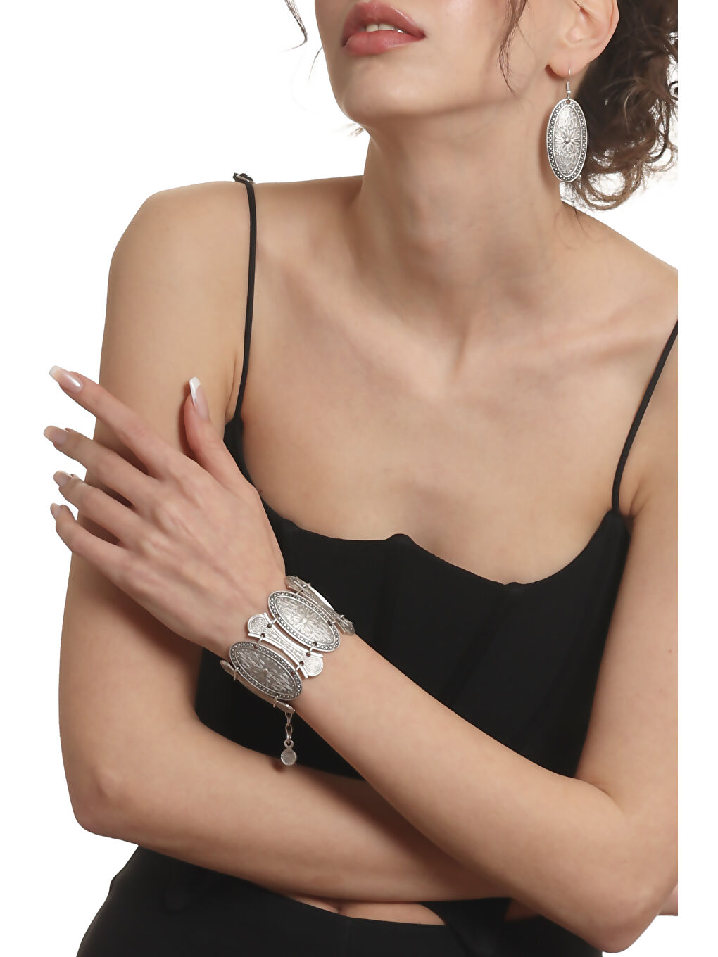 Gri Kadın Antik Gümüş Kaplama Etnik Motifli Oval Formlu Küpe &Bileklik Set-2