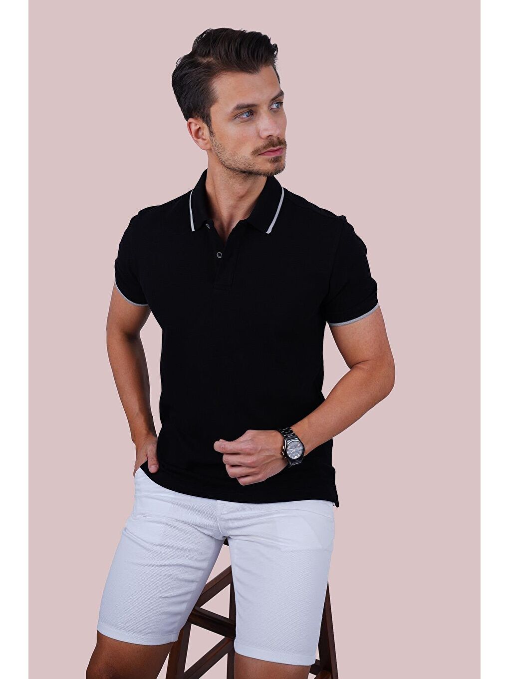 Siyah Gri Yaka Çizgili Erkek Polo Yaka %100 Pamuk Tişört-2