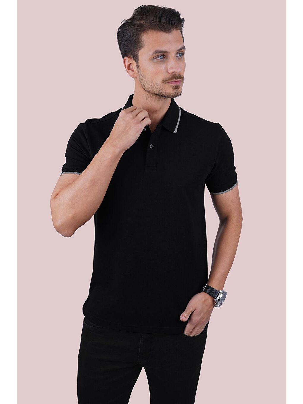 Siyah Gri Yaka Çizgili Erkek Polo Yaka %100 Pamuk Tişört-4