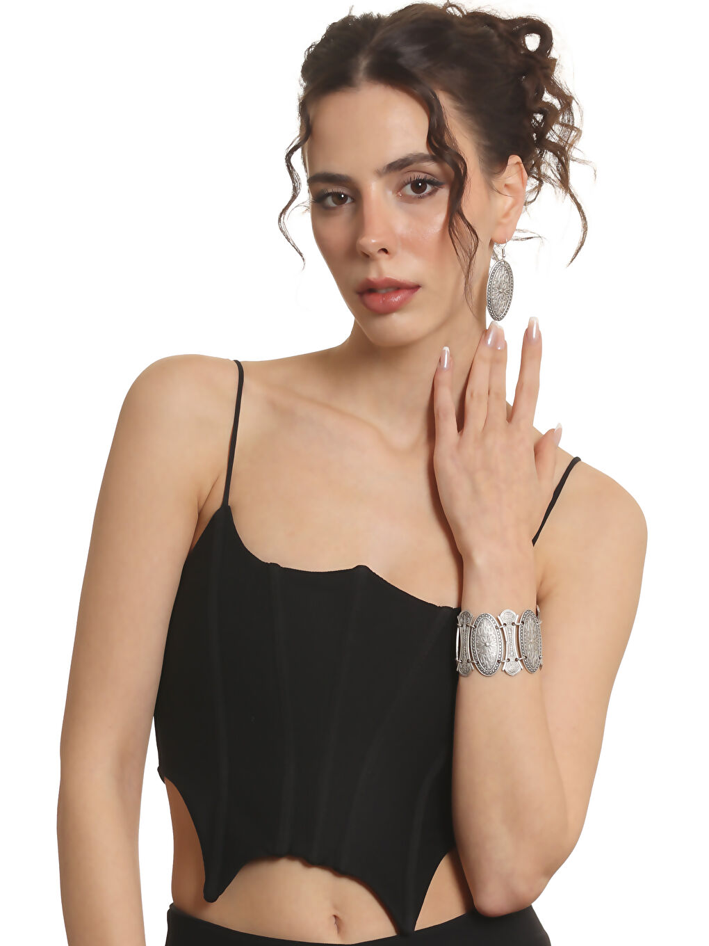 Gri Kadın Antik Gümüş Kaplama Etnik Motifli Oval Formlu Küpe &Bileklik Set-4