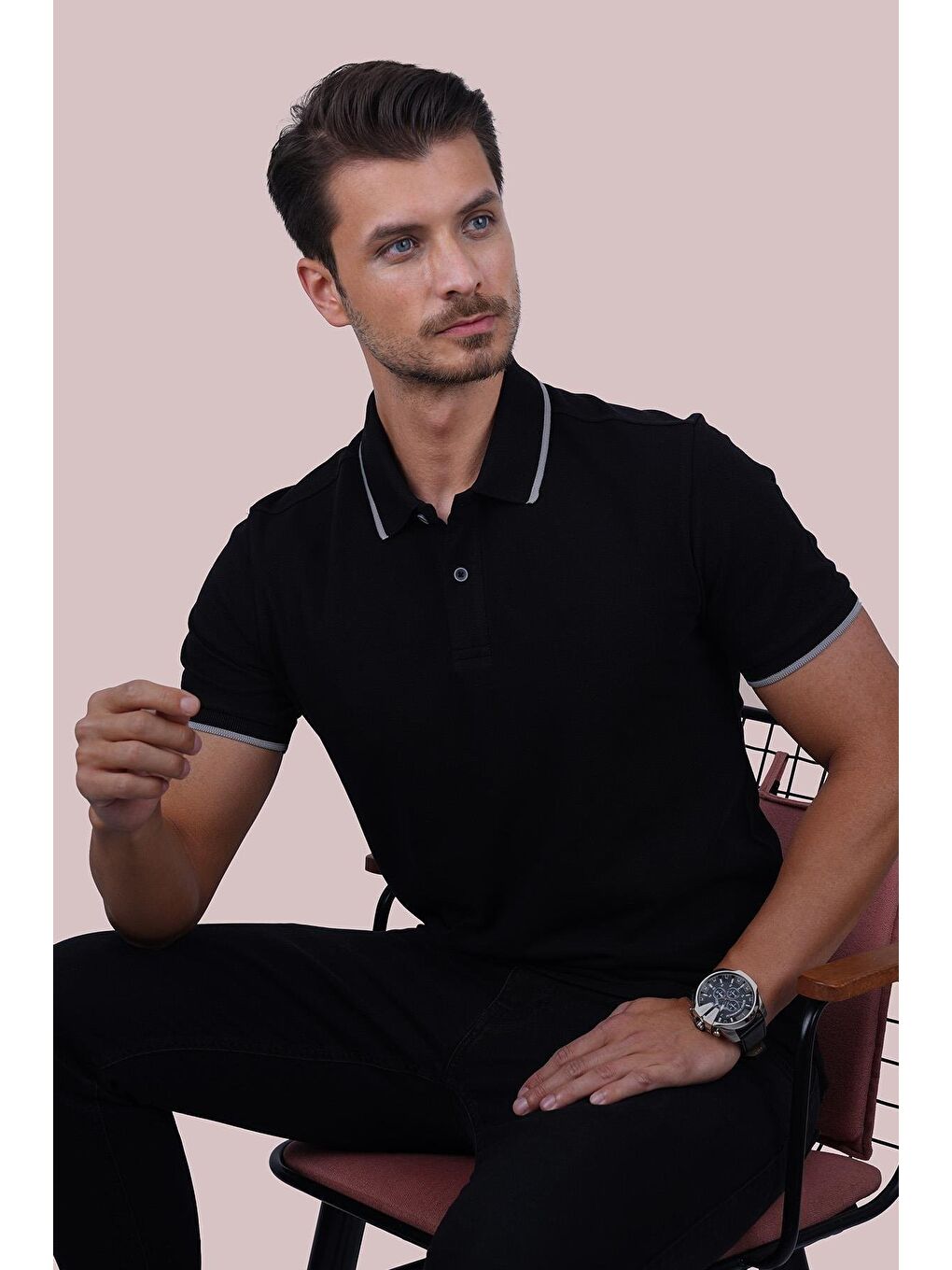 Siyah Gri Yaka Çizgili Erkek Polo Yaka %100 Pamuk Tişört-6