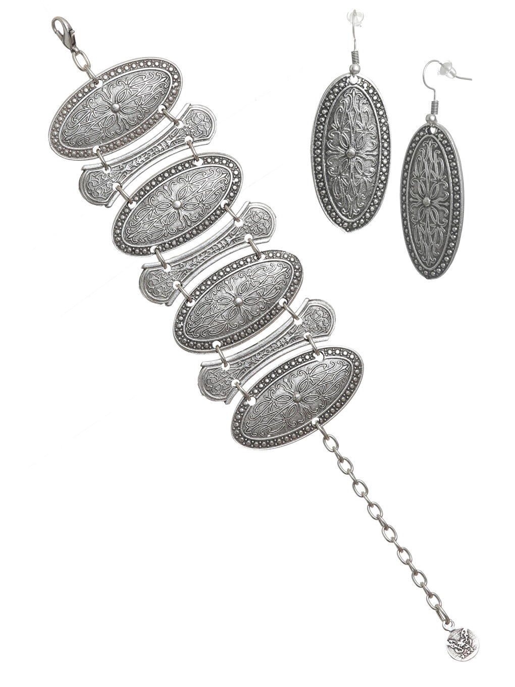Gri Kadın Antik Gümüş Kaplama Etnik Motifli Oval Formlu Küpe &Bileklik Set