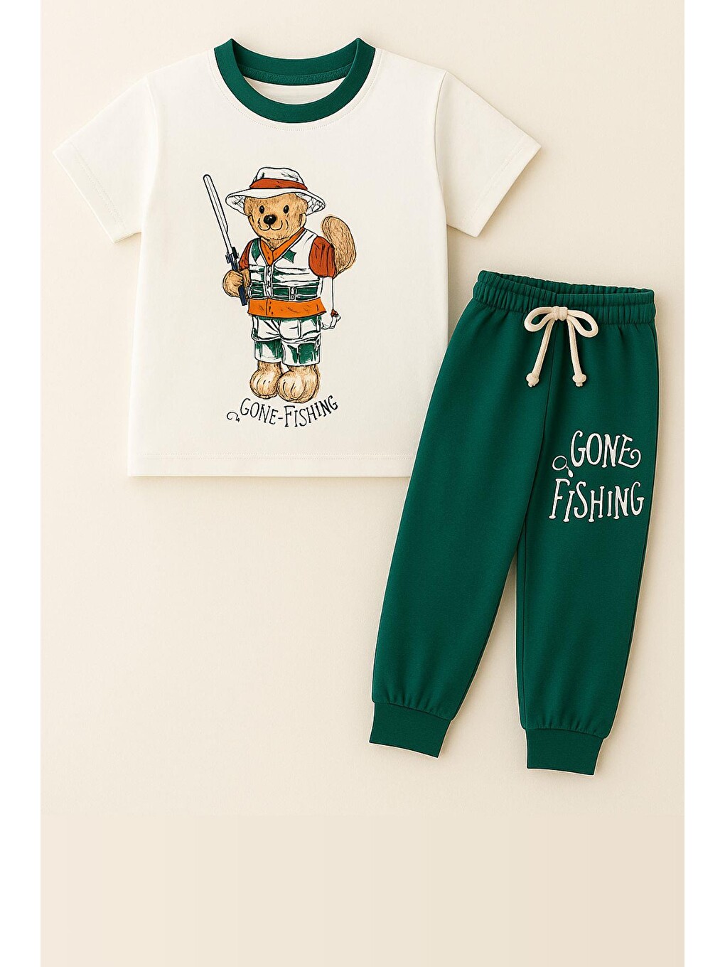 Karışık Erkek Çocuk Balıkçı Ayıcık Desenli Kısa Kollu Pijama Takımı