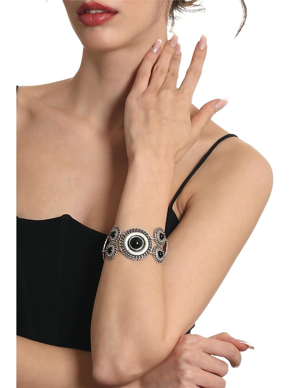 Gri Kadın Antik Gümüş Kaplama Boncuk Detaylı Çiçek Stilizesi Zincir Bileklik-1