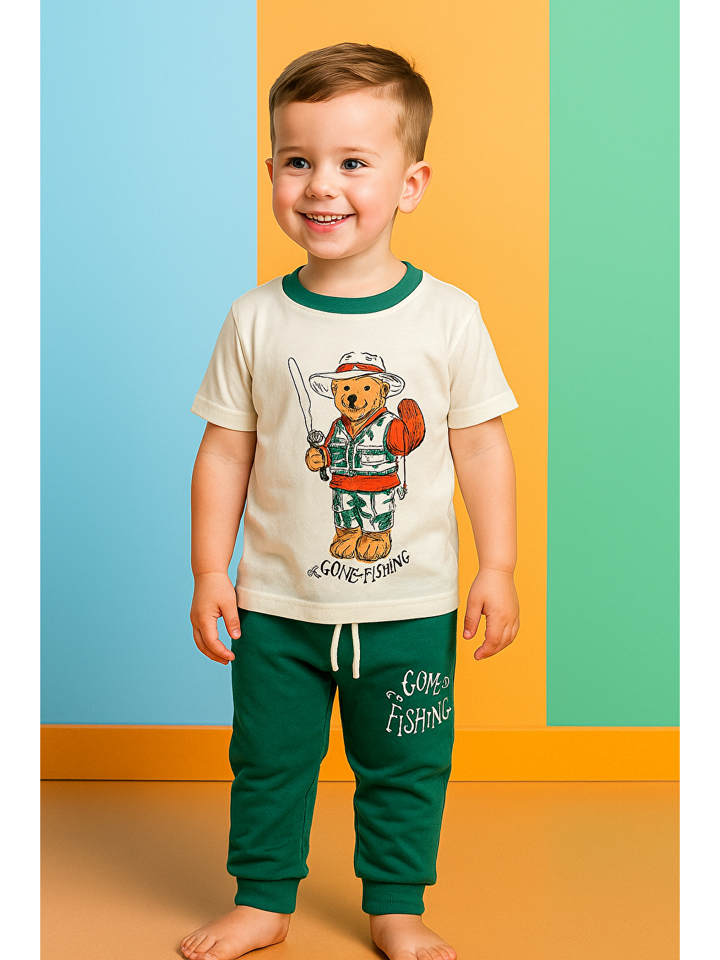 Karışık Erkek Çocuk Balıkçı Ayıcık Desenli Kısa Kollu Pijama Takımı-1