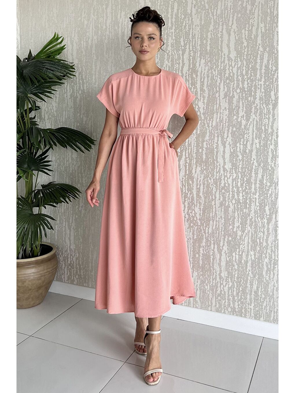 Pembe Kadın Çift Cepli Bel Lastikli Kuşaklı Elbise