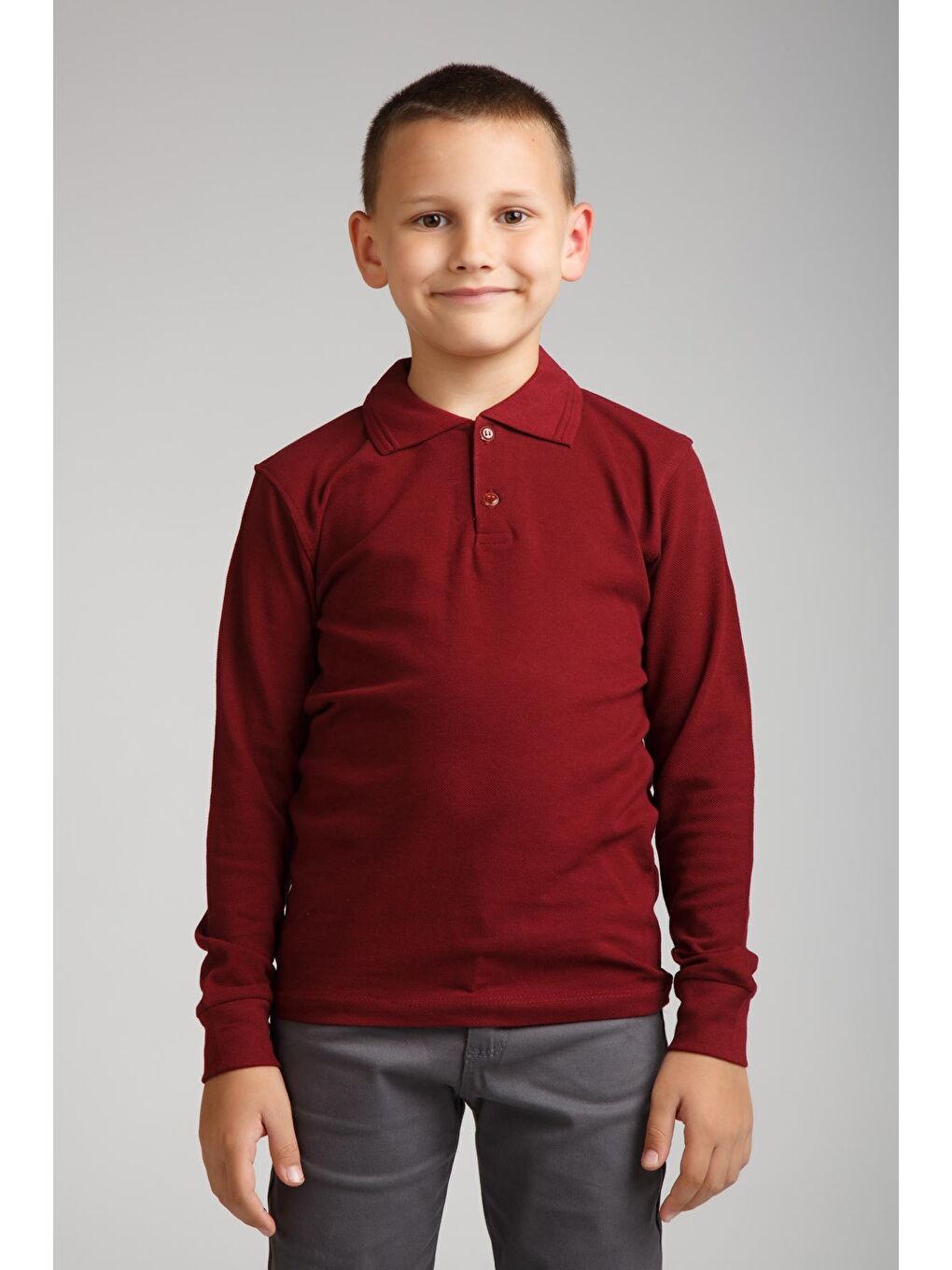 ajn Bordo Kids Polo Yaka Basic Uzun Kollu Erkek Çocuk Tişört - 1