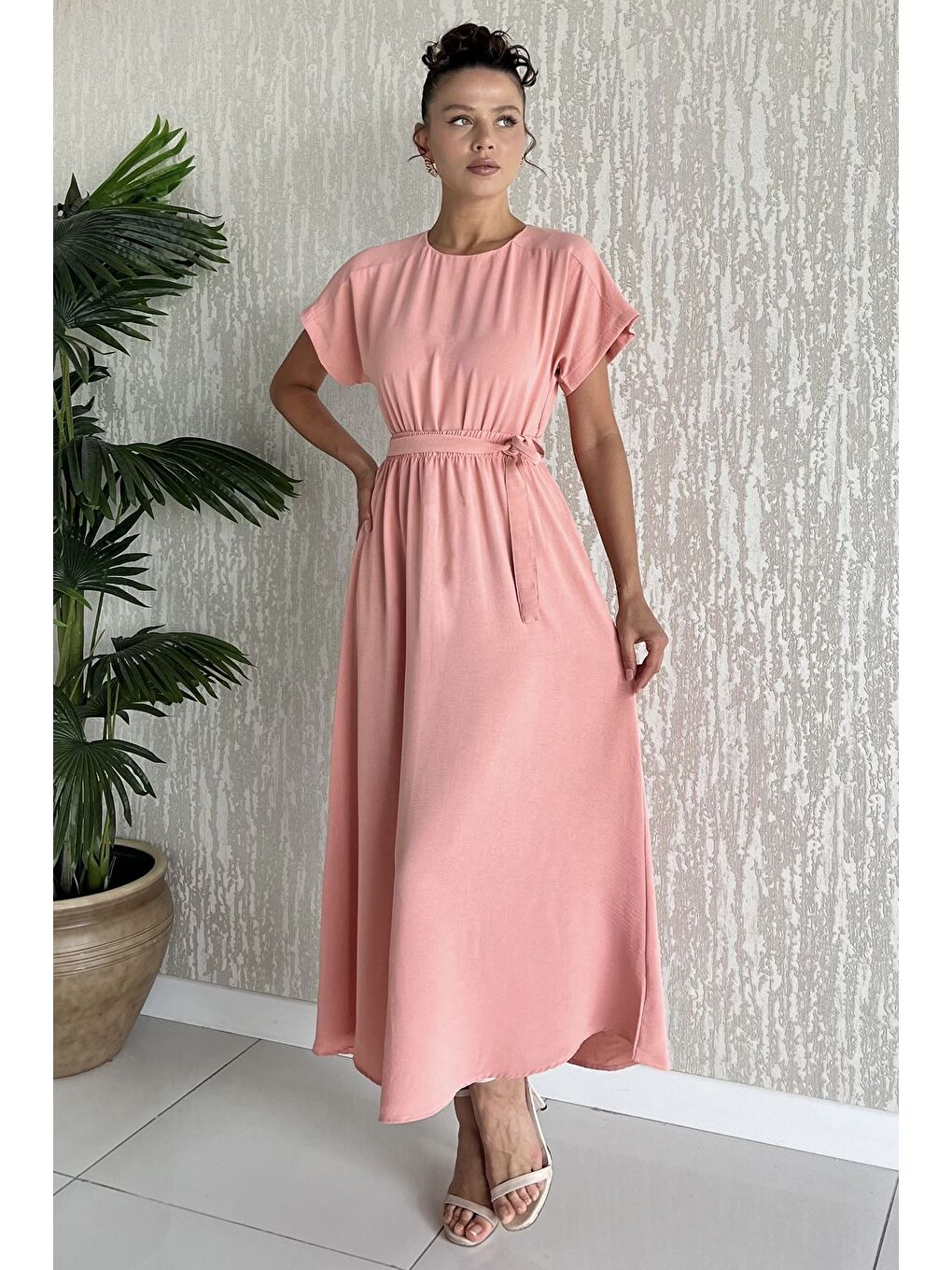 Pembe Kadın Çift Cepli Bel Lastikli Kuşaklı Elbise-1