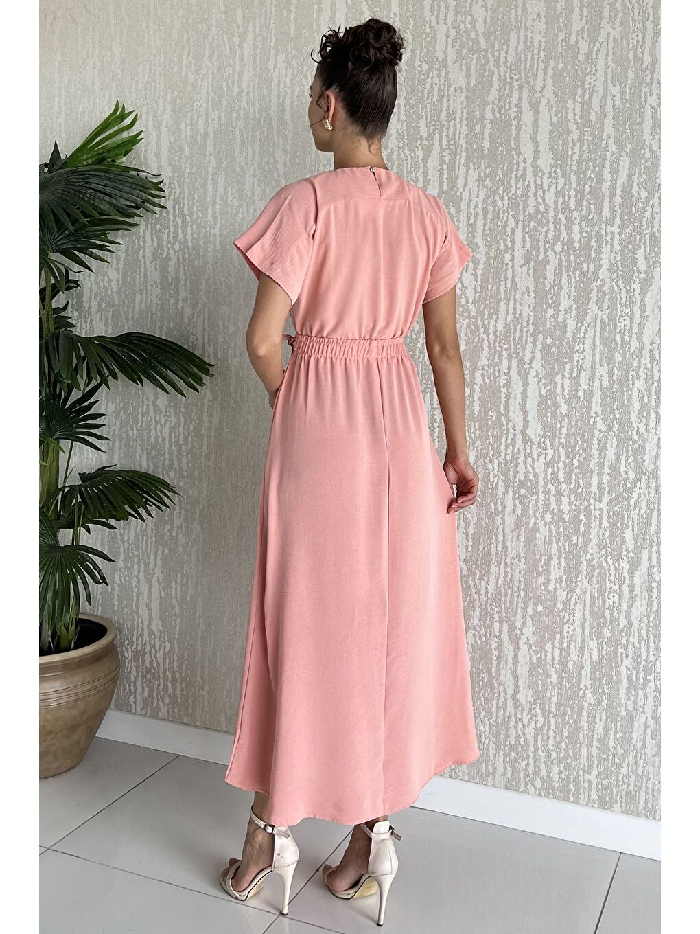 Pembe Kadın Çift Cepli Bel Lastikli Kuşaklı Elbise-2