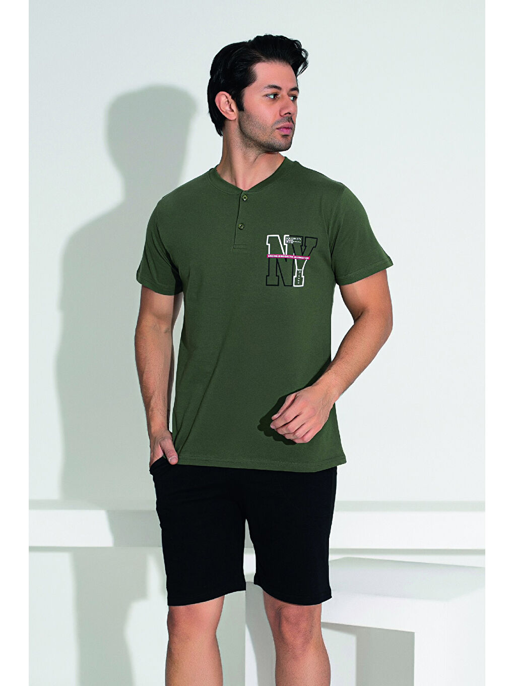 Erkek Şort Tişört %100 Pamuk Şortlu Pijama Takımı 25255 Yeşil-3